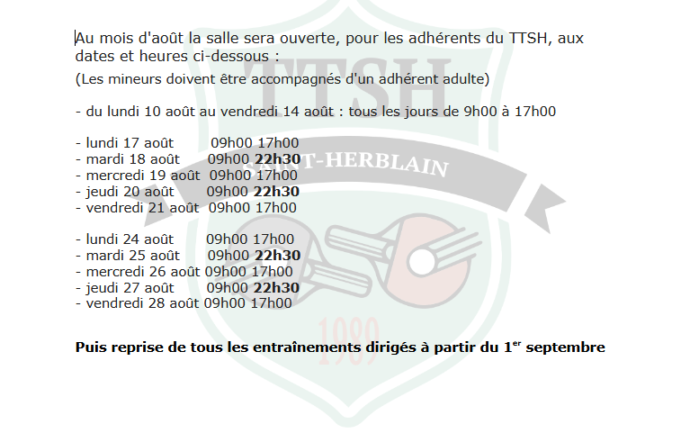 Horaires d'ouverture de la salle au mois d'août
