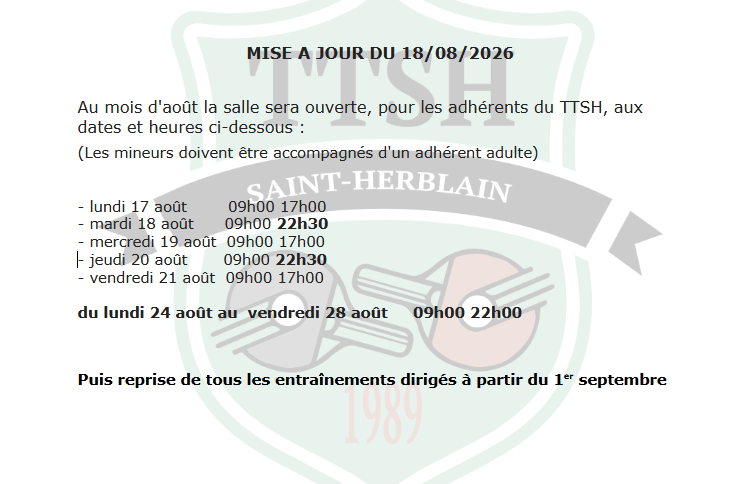 Horaires d'ouverture de la salle au mois d'août